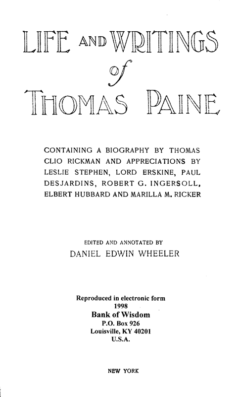 (image for) The Life and Writings of Thomas Paine Vol. 1 of 10 Vols.